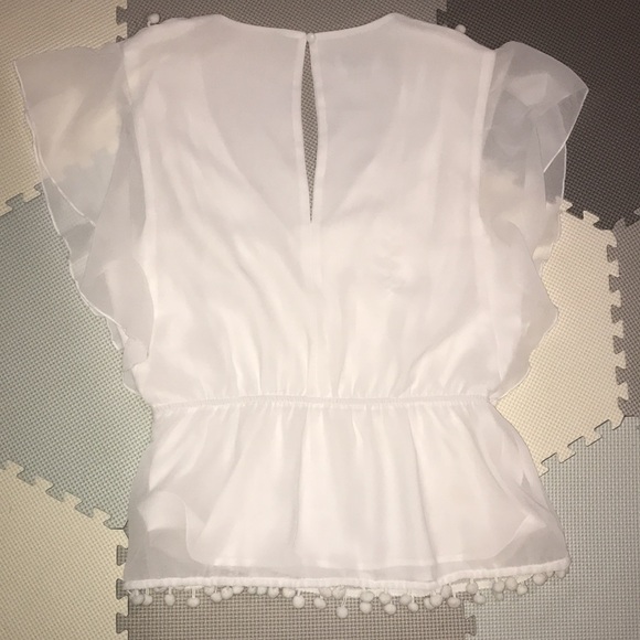 Bebe Pom Ruffle Drop Waist White Blouse Chiffon Top V-Neck Sheer Work Career - Picture 11 of 14